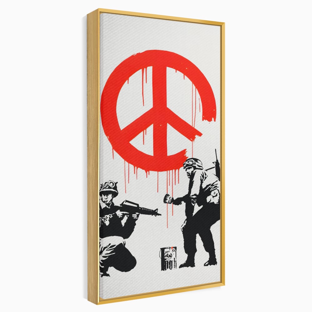 Tablou canvas cu ilustratie graffiti cu soldati si semnul pacii, in rama de aluminiu auriu